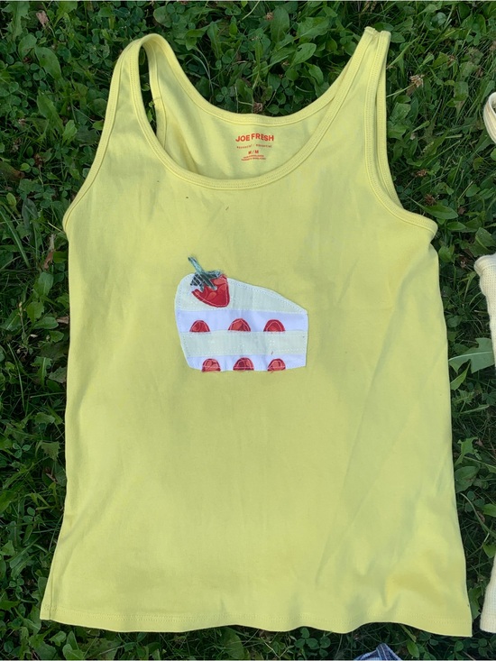 George Tops - Upcycled Yellow Tank Top With Patchwork Cake Design